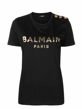 Balmain Women’s Black Tee with Metallic Gold Logo and Branded Shoulder Buttons